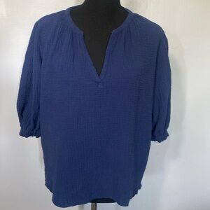 Just Living Gauze 100% Cotton Blue Top Short Puff Sleeves Split V-Neck Sz L